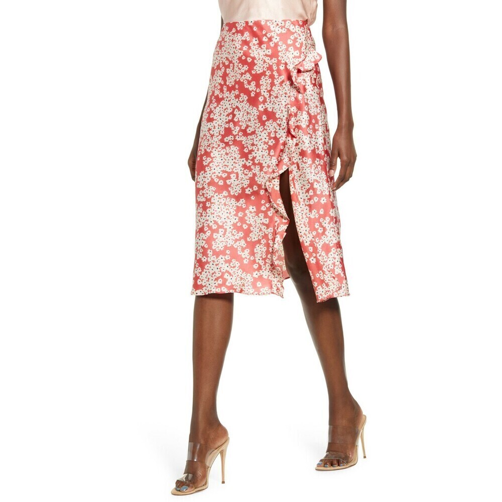 Socialite Somen's Floral Ruffle Slit Midi Skirt In Red Tan Size M